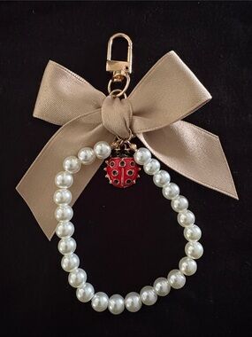 Pearl Beaded Ladybug Charm Keychain Zipper Pull with Champagne Bow